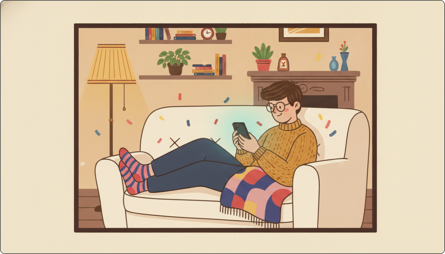 One person playing Gameyard alone on the sofa at night