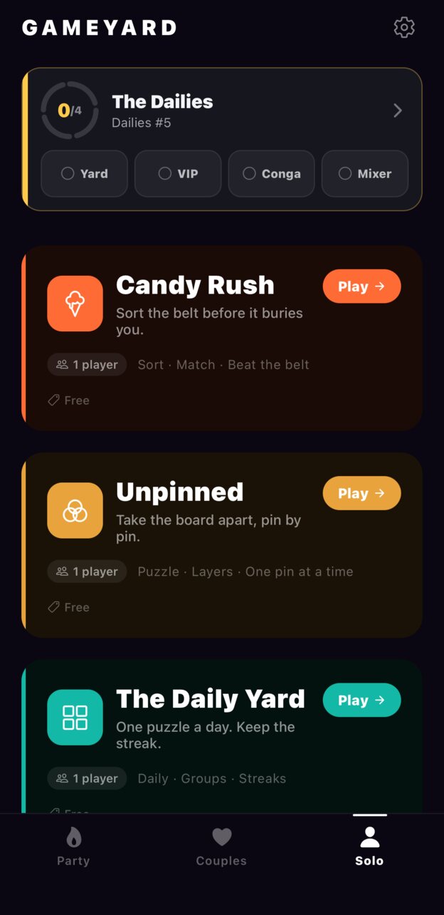 Gameyard Solo tab with the day's four puzzles